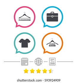 Cloakroom icons. Hanger wardrobe signs. T-shirt clothes and baggage symbols. Calendar, internet globe and report linear icons. Star vote ranking. Vector