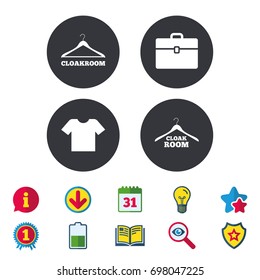 Cloakroom icons. Hanger wardrobe signs. T-shirt clothes and baggage symbols. Calendar, Information and Download signs. Stars, Award and Book icons. Light bulb, Shield and Search. Vector