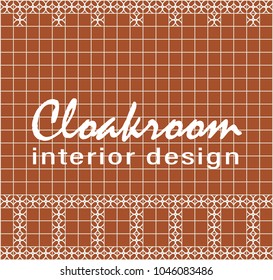 Cloakroom interior design. Text on tile. Red brown square tiles with decor.
