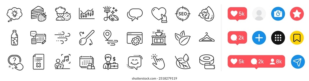 Cloakroom, Leaf dew and Reject file line icons pack. Social media icons. Water bottle, Account, Music web icon. Businessman case, Seo gear, Financial diagram pictogram. Vector