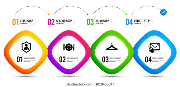 Cloakroom, Security And Food Icons Simple Set. Timeline Infographic. Computer Mouse Sign. Hanger Wardrobe, Private Protection, Restaurant. Pc Component. Business Set. Vector