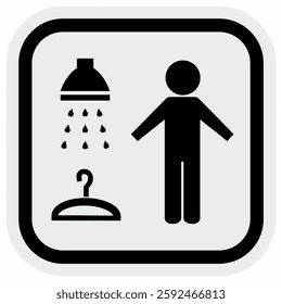 Cloakroom, set symbols, shower, clothes rack and person, black icons, vector