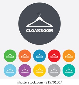 Cloakroom sign icon. Hanger wardrobe symbol. Round colourful 11 buttons. Vector