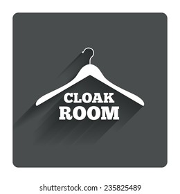 Cloakroom sign icon. Hanger wardrobe symbol. Gray flat square button with shadow. Modern UI website navigation. Vector