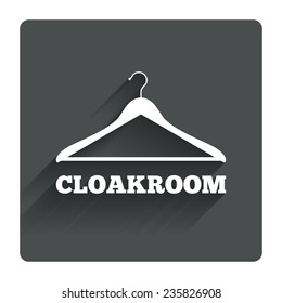 Cloakroom sign icon. Hanger wardrobe symbol. Gray flat square button with shadow. Modern UI website navigation. Vector