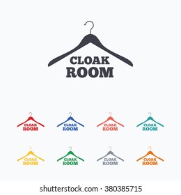 Cloakroom sign icon. Hanger wardrobe symbol. Colored flat icons on white background.