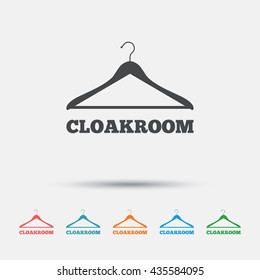 Cloakroom sign icon. Hanger wardrobe symbol. Graphic element on white background. Colour clean flat cloakroom icons. Vector