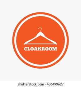 Cloakroom sign icon. Hanger wardrobe symbol. Graphic design element. Flat cloakroom symbol on the round button. Vector