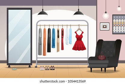 Cloakroom storage room interior with foot wear under clothing rack standing mirror armchair lighting realistic vector illustration 