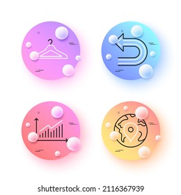 Cloakroom, Undo and Graph minimal line icons. 3d spheres or balls buttons. Pin icons. For web, application, printing. Hanger wardrobe, Left turn, Presentation diagram. Map point. Vector