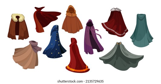 Cloaks of magic characters set. Vector illustrations of clothes flying on wind. Cartoon Dracula cloak, superhero cape with hood and mantle of king isolated on white. Fantasy, accessory concept - Shutterstock ID 2135729635