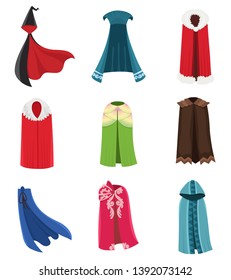 Cloaks party clothing and capes costume set. Outdoor fabric, over garment Vector flat style cartoon illustration isolated on white background.