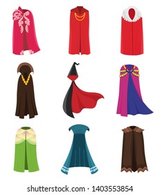 Cloaks party clothing and capes costume set. Outdoor fabric, over garment Vector flat style cartoon illustration isolated on white background.