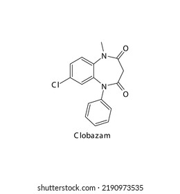 Clobazam Molecule Flat Skeletal Structure, Benzodiazepine Class Drug Used As Anxiolytic, Anticonvulsant Agent. Vector Illustration On White Background.