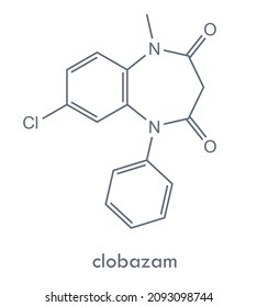 Clobazam structure. Benzodiazepine drug molecule. Used in treatment of anxiety and epilepsy. Chemical formula.