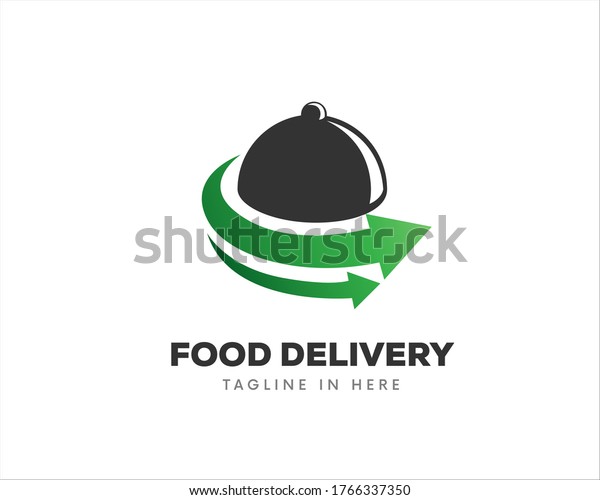 Cloche Dish with arrow.  Fast food delivery\
service logo symbol design\
illustration