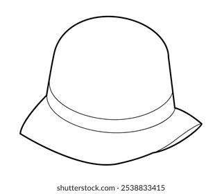 Cloche Hat with Band. Summer Head Fashion accessory cap with narrow brim clothing technical illustration. Vector headgear for Men, women, unisex style, flat template CAD mockup sketch outline isolated