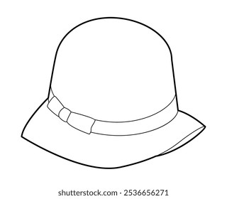 Cloche Hat with bow. Summer Head Fashion accessory cap with narrow brim clothing technical illustration. Vector headgear for Men, women, unisex style, flat template CAD mockup sketch outline isolated