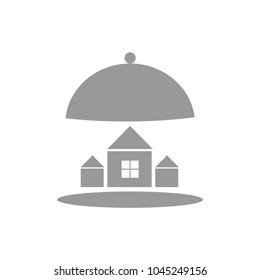  Cloche with house inside it. Vector home icon. Real estate, mortgage logo. Grey building illustration