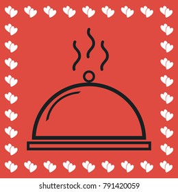 Cloche icon flat. Simple black pictogram on red background with white hearts for valentines day. Vector illustration symbol