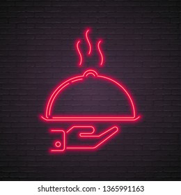 Cloche on Hand Neon Light Glowing Vector Illustration Red Bright Glowing