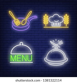 Cloche, pan, menu and bakery neon signs set. Restaurant, catering, food, dinner design. Night bright neon sign, colorful billboard, light banner. Vector illustration in neon style.