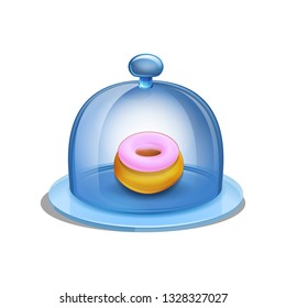 Cloche restaurant of transparent glass close with donut. Vector illustration isolated on white background.