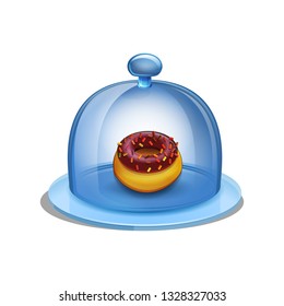 Cloche restaurant of transparent glass close with donut. Vector illustration isolated on white background.