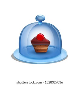 Cloche restaurant of transparent glass close with piece cake. Vector illustration isolated on white background.