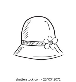 Cloche woman hat with flower in black isolated on white background. Hand drawn vector sketch illustration in doodle, outline, engravedstyle. Warm outwearm accessory, decoration, panama