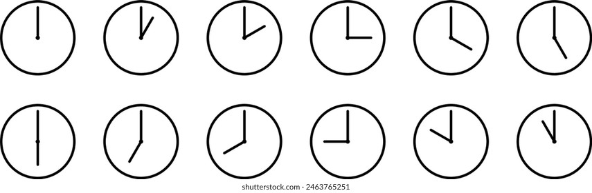 Clock 1, 2, 3, 4, 5, 6, 7, 8, 9, 10, 11 and 12 o'clock pictogram