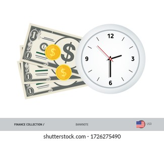 Clock and 1 US Dollar Banknotes. Flat style vector illustration. Time and Business concept.