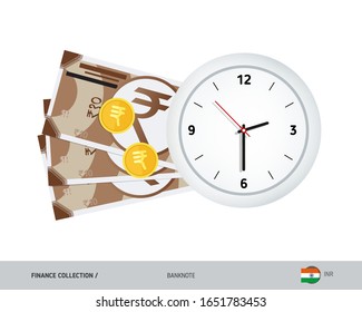 Clock and 10 Indian Rupee Banknotes. Flat style vector illustration. Time and Business concept.
