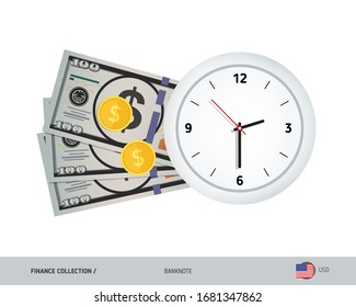Reloj y billetes de 100 dólares. Ilustración vectorial de estilo plano. Concepto de tiempo y negocios.