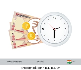 Clock and 1000 Indian Rupee Banknotes. Flat style vector illustration. Time and Business concept. 