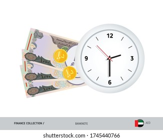 Clock and 1000 United Arab Emirates Dirham Banknotes. Flat style vector illustration. Time and Business concept.