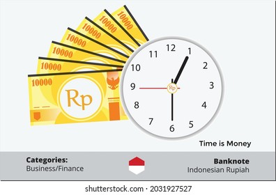 Reloj y 10000 billetes indonesios de Rupiah. El concepto de tiempo y negocios. Componente de negocios, pagos y finanzas de Indonesia. Se puede usar para web, móvil, infografía e impresión.
