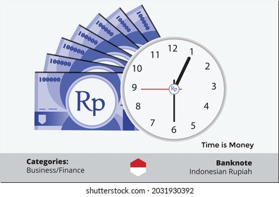 Clock and 100000 Indonesian Rupiah Banknotes. Time and Business concept. Indonesia business, payment and finance element. Can be used for web, mobile, infographi and print.