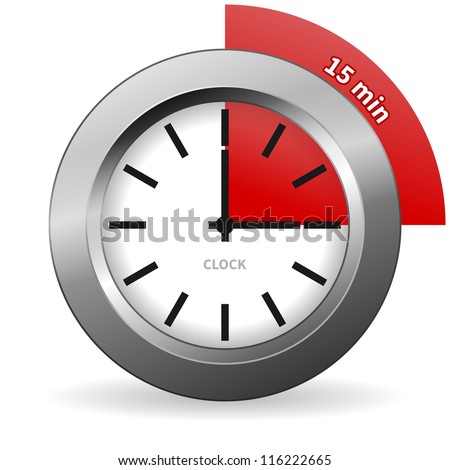 Clock 15 Minutes To Go - Bright Chrome Clock isolated on White background