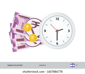 Clock and 2000 Indian Rupee Banknotes. Flat style vector illustration. Time and Business concept.