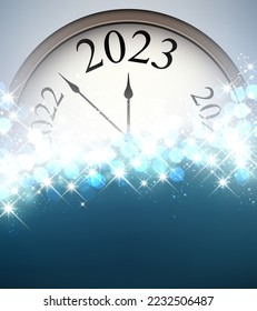 Clock with 2023 on blue background with bokeh and space for text. Vector holiday illustration.