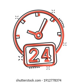 Clock 24 7 icon in comic style. Watch cartoon vector illustration on white isolated background. Timer splash effect business concept.