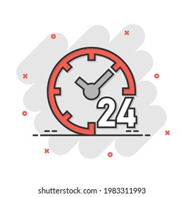 Clock 24 7 icon in comic style. Watch cartoon vector illustration on white isolated background. Timer splash effect business concept.