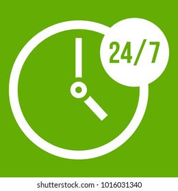 Clock 24 7 icon white isolated on green background. Vector illustration