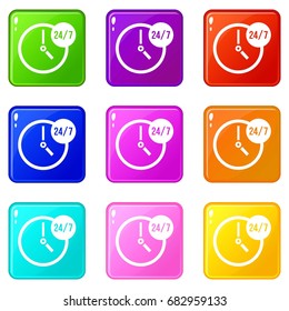 Clock 24 7 icons of 9 color set isolated vector illustration