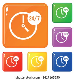 Clock 24 7 icons set collection vector 6 color isolated on white background