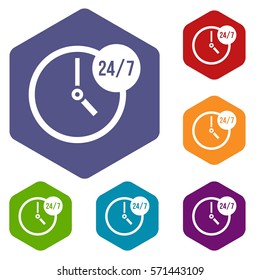 Clock 24 7 icons set rhombus in different colors isolated on white background