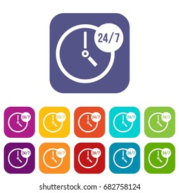 Clock 24 7 icons set vector illustration in flat style in colors red, blue, green, and other