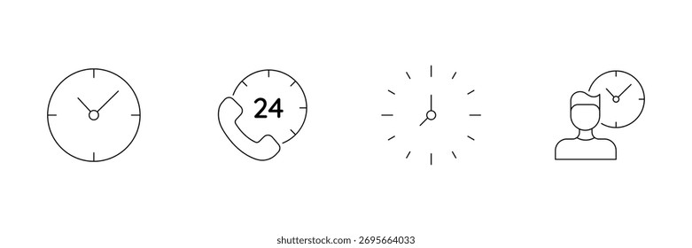 Reloj, Asistencia de 24 horas, reloj de pared, sistema del icono de la gestión del tiempo del usuario, Ilustración vectorial horaria, símbolo mínimo del contorno, negocio de la oficina.