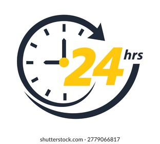 A clock with a 24-hour cycle icon, symbolizing 24 hours a day, seven days a week, available around the clock